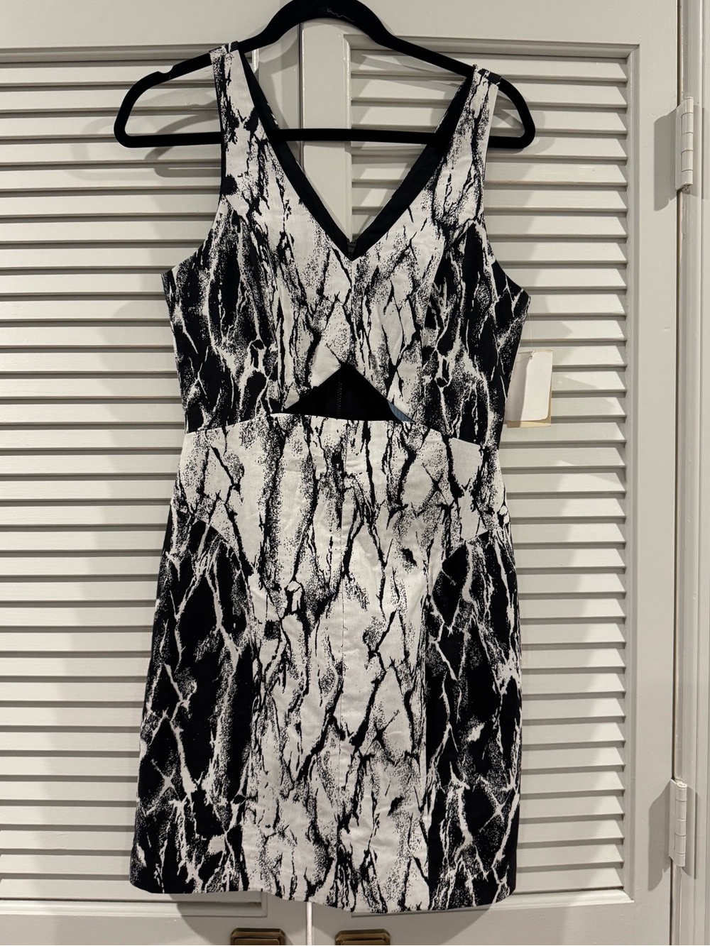 Ali Ro Black & White Marble-Print V-Neck Mini Dress